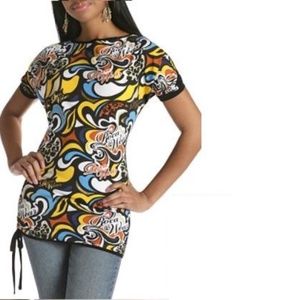 NWT Rocawear psychedelic black  multi colored black ruched shirt  Top sz M Y2K